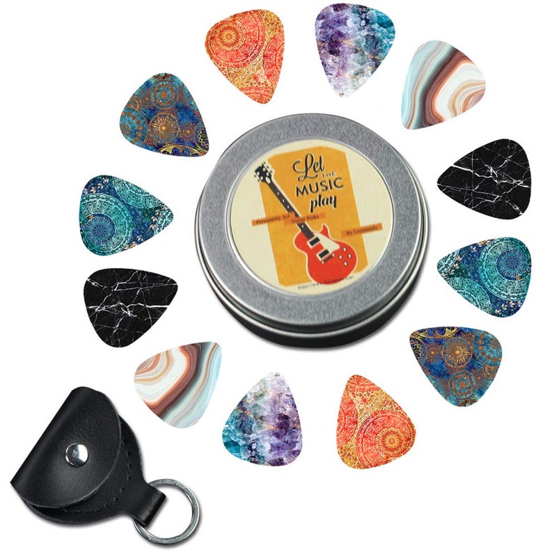 IRIDESCENT Guitar Picks - 12-pack 0.71mm Medium Gauge Celluloid Guitar Picks In a Box Picks Holder. Unique Guitar Gift For Bass, Electric & Acoustic Guitars (Flower Stone) - Image 2